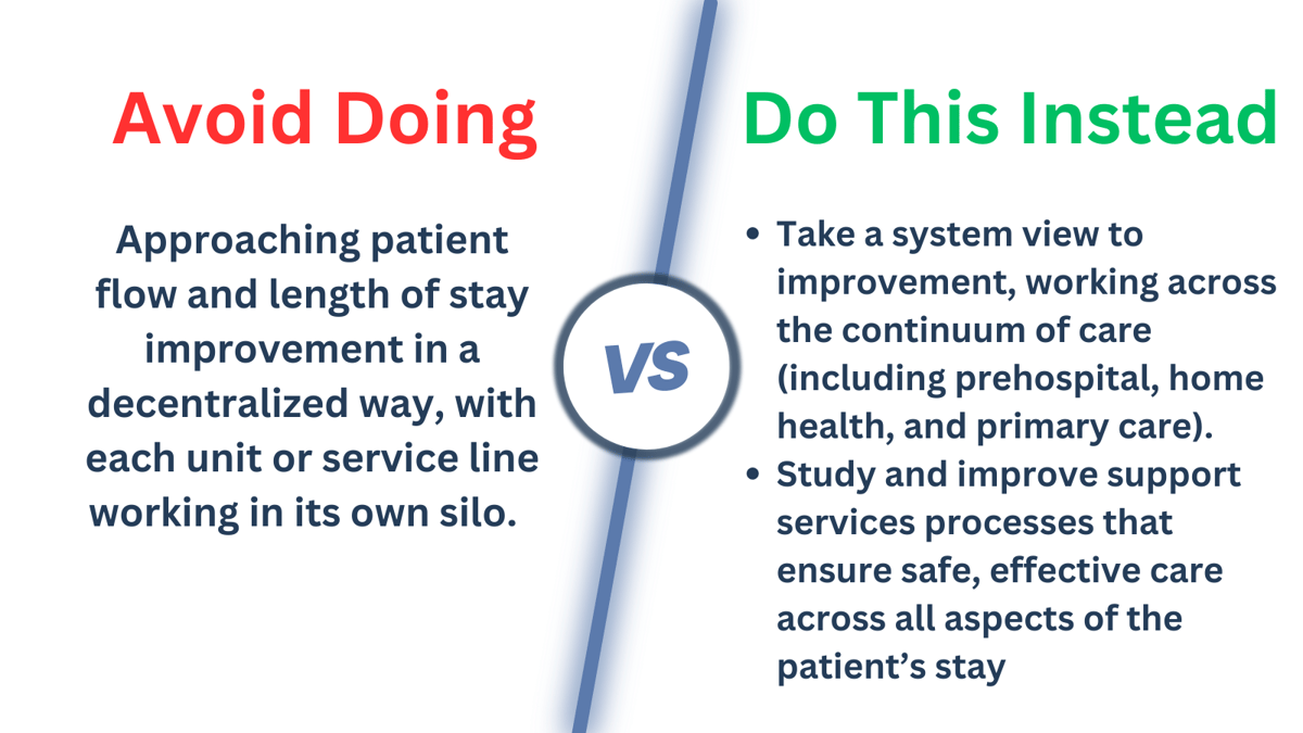 Take a system view to improvement, working across the continuum of care (including prehospital, home health, and primary care).